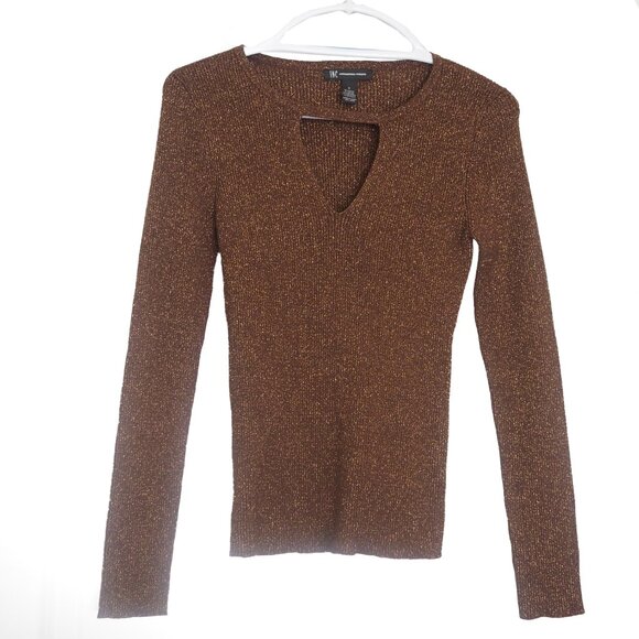 International Concepts Brown and Gold Sparkle Sweater with Keyhole Size Small - Picture 1 of 9